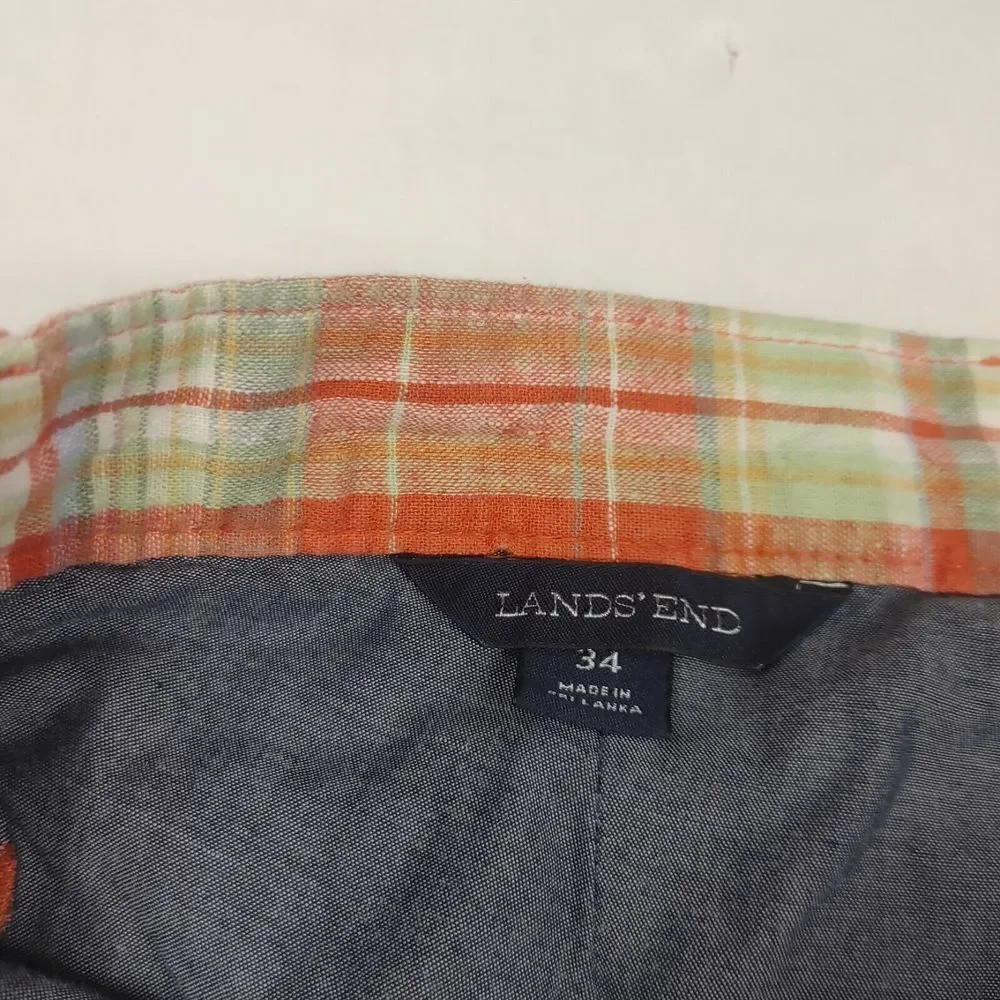 Lands End Mens Chino Shorts Plaid Checkered Linen Blend Casual Zip Up Size 34